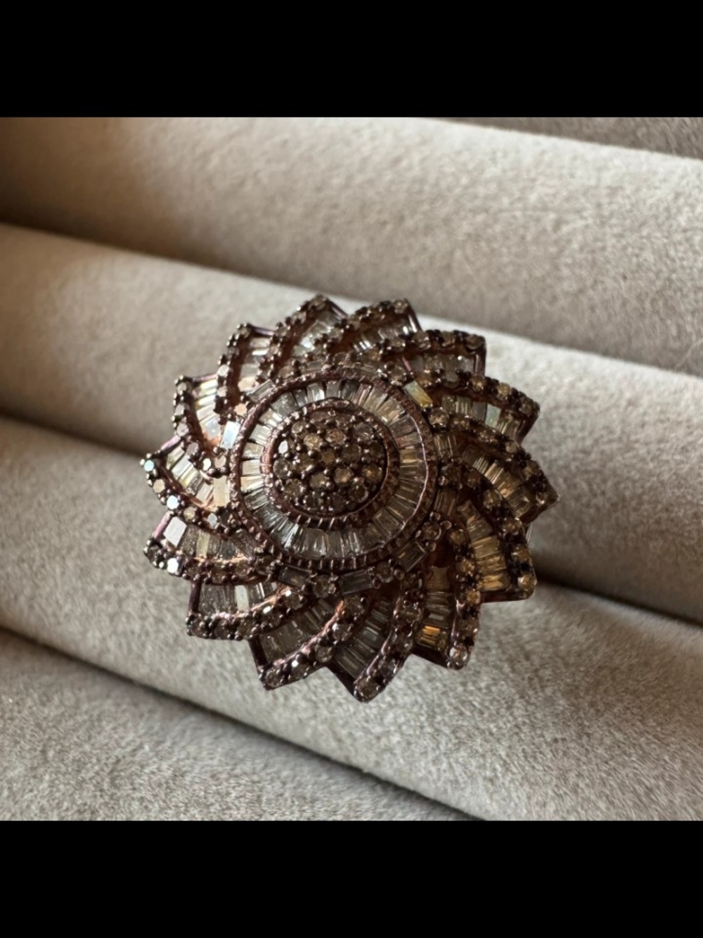 D'joy Champagne Diamond Baguette Floral Statement Ring 925